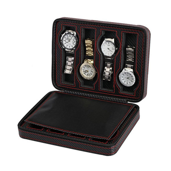 Un boîtier de montre Boitier montre carbone 8 Slots avec quatre montres de Boites-lefiguet.com.