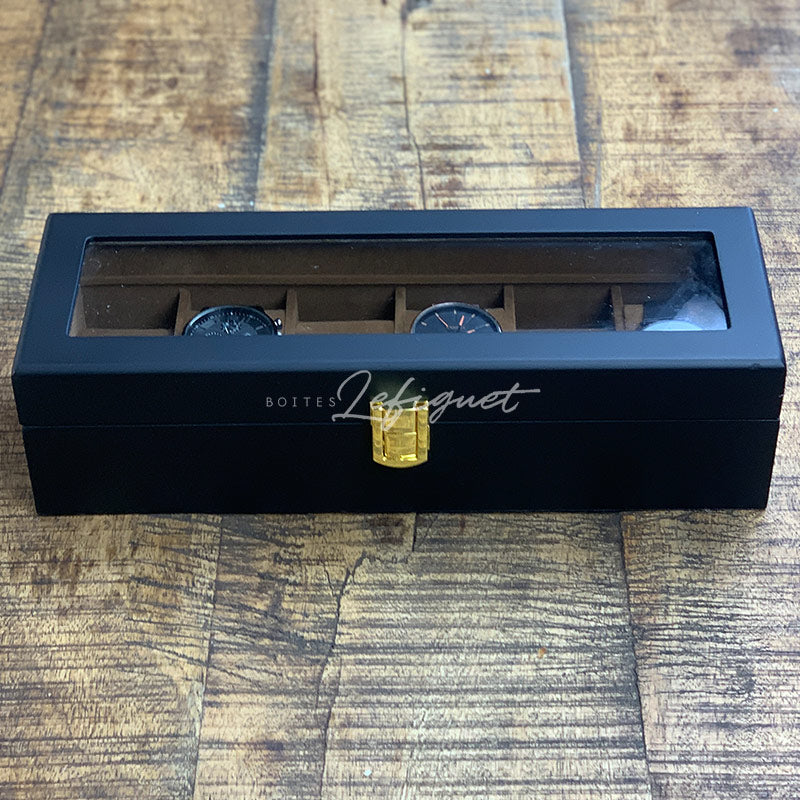 Une boîte à montres Boites-lefiguet.com noire contenant deux montres Boite de rangement pour montres 6 Slots.